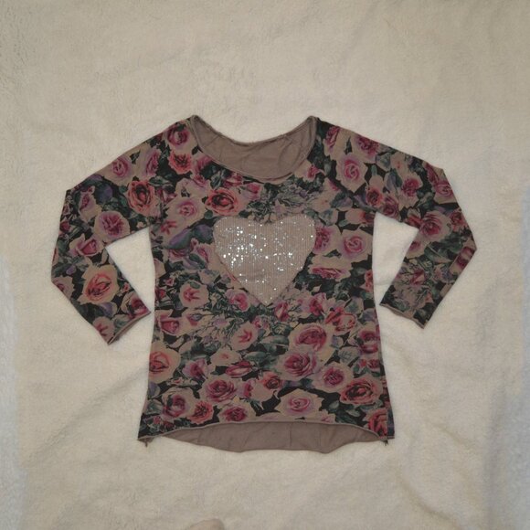 Made in Italy sweatshirt, neutral toned with rose print and sequin heart M - Picture 1 of 16